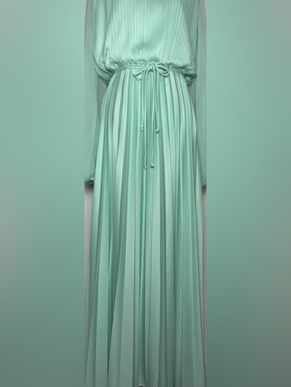 Vintage 70s Seafoam Pleated Grecian Maxi Dress Ethereal Balloon Sleeve M